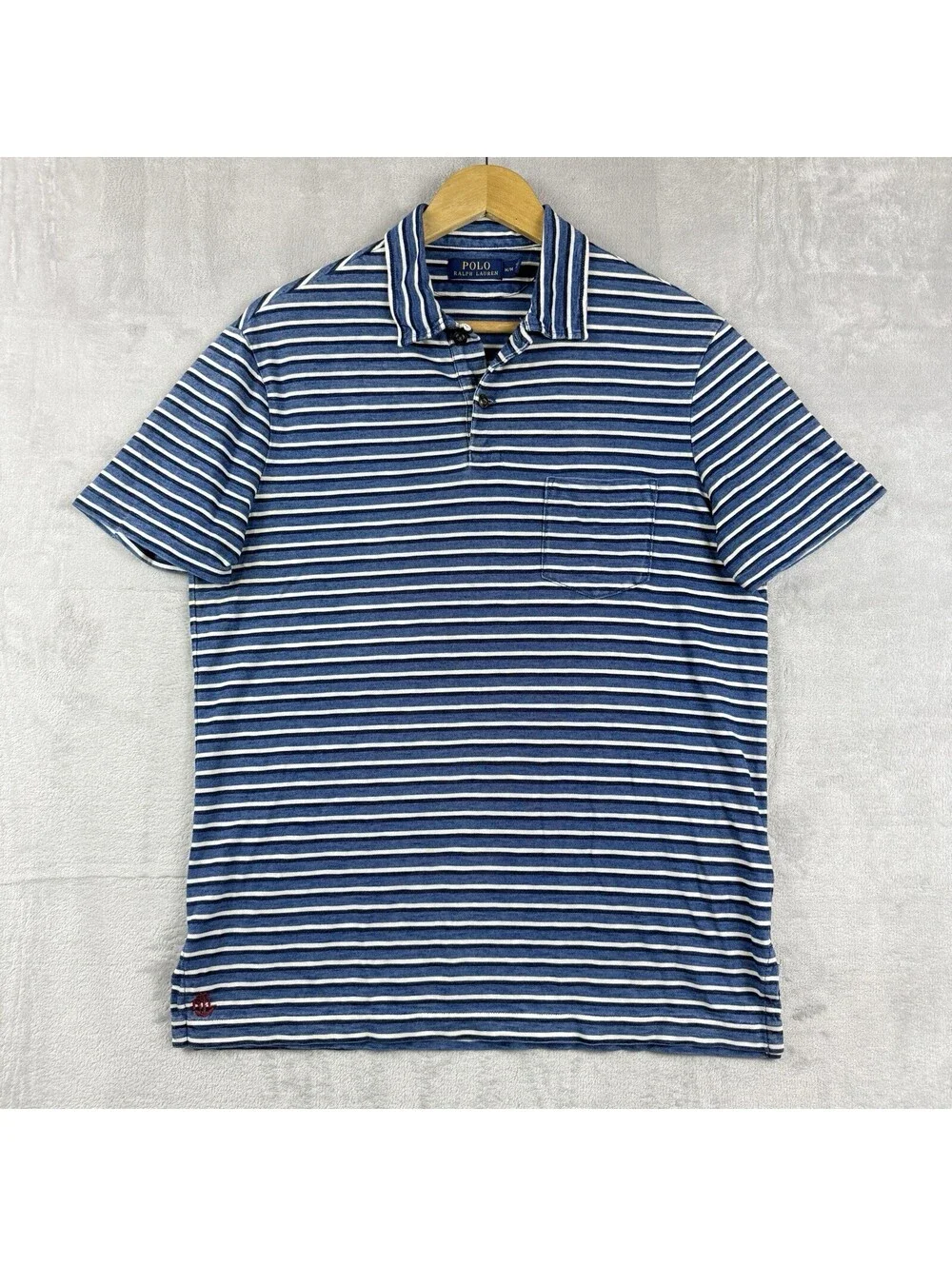 Polo Ralph Lauren Men’s M Blue White Striped Pocket Polo Shirt Cotton Nautical